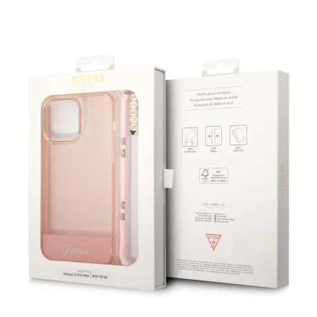 Husa Cover Guess PC/TPU Camera Outline Translucent with Strap pentru iPhone 14 Pro Max Pink