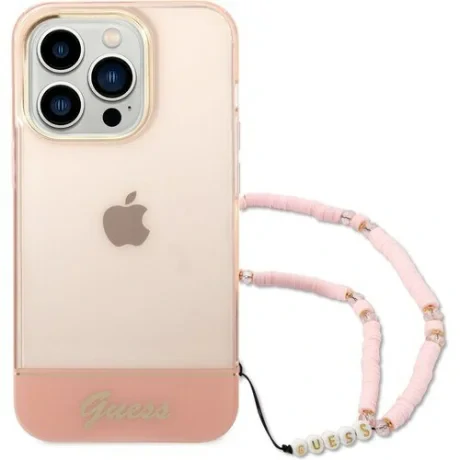 Husa Cover Guess PC/TPU Camera Outline Translucent with Strap pentru iPhone 14 Pro Max Pink