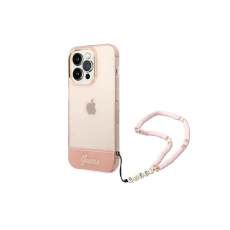 Husa Cover Guess PC/TPU Camera Outline Translucent with Strap pentru iPhone 14 Pro Pink