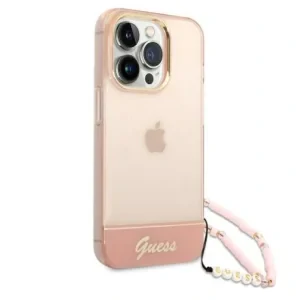 Husa Cover Guess PC/TPU Camera Outline Translucent with Strap pentru iPhone 14 Pro Pink
