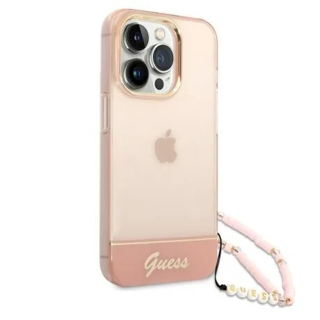 Husa Cover Guess PC/TPU Camera Outline Translucent with Strap pentru iPhone 14 Pro Pink