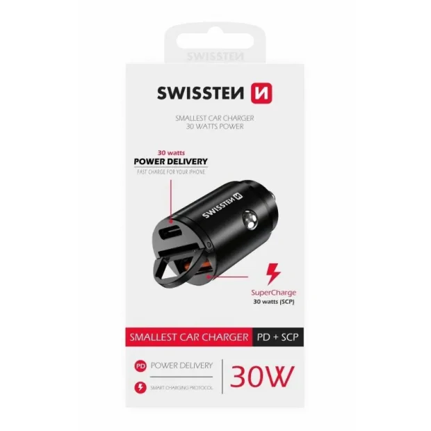 Incarcator Auto Swissten USB-C plus Super Charge 3.0 Nano 30W Negru