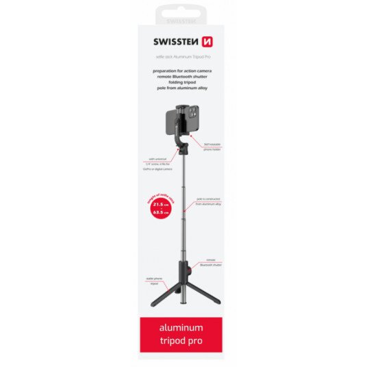 Selfie Stick Bluetooth Swissten cu Trepied de Aluminiu Negru thumb