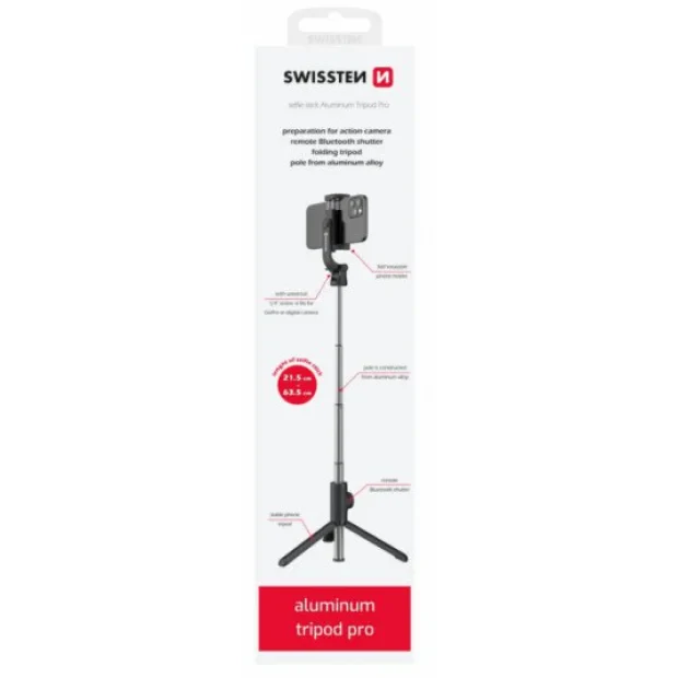 Selfie Stick Bluetooth Swissten cu Trepied de Aluminiu Negru