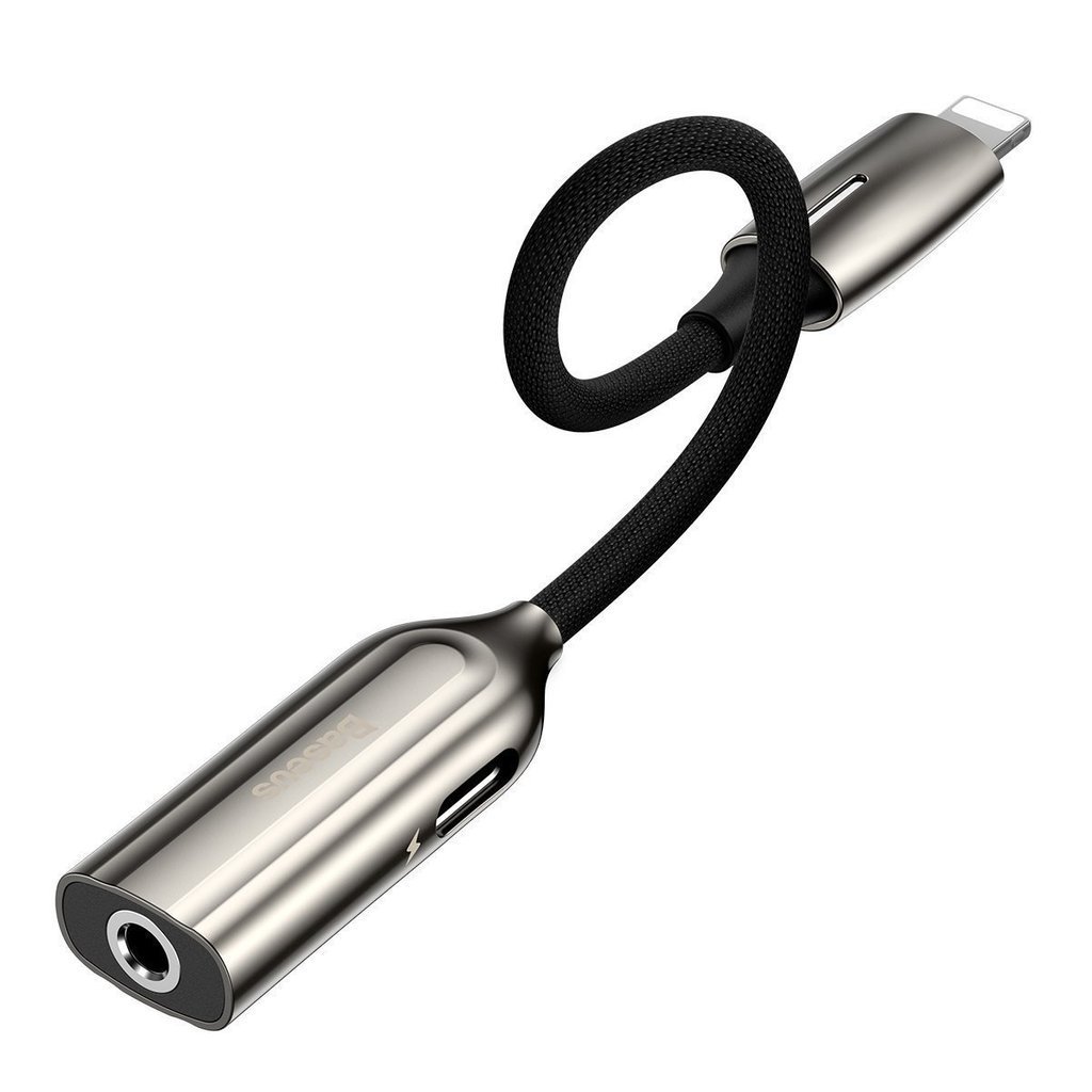 Adaptor Incarcare si Audio Baseus 1 x Ligthning (T) la 1 x Lightning (M) si 1 x Jack 3.5mm lungime Cablu 12 cm Gri thumb