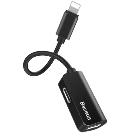 Adaptor Incarcare si Audio Baseus 1 x Ligthning (T) la 2 x Lightning (M) lungime Cablu 12 cm Negru