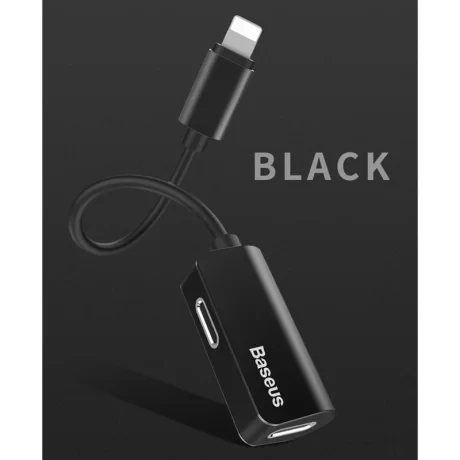 Adaptor Incarcare si Audio Baseus 1 x Ligthning (T) la 2 x Lightning (M) lungime Cablu 12 cm Negru