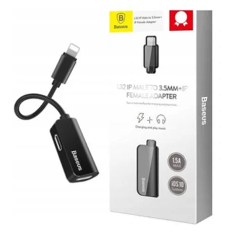 Adaptor Incarcare si Audio Baseus 1 x Ligthning (T) la 2 x Lightning (M) lungime Cablu 12 cm Negru