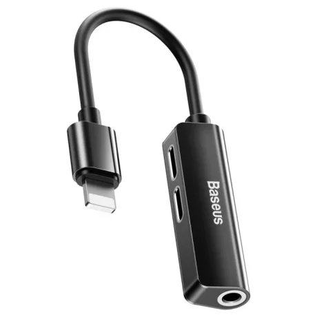 Cablu Adaptor Baseus 3 in 1 Iphone Lightning to Jack 3.5mm + 2 x Lightning ports Negru