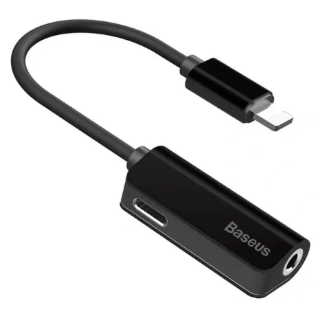 Cablu Adaptor Incarcare si Audio Baseus 1 x Lightning (T) la 1 x Jack 3.5mm (M) si 1 x Lightning (M) lungime Cablu 12 cm Negru