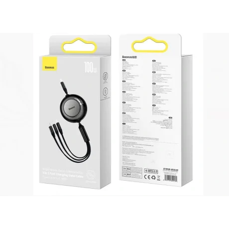 Cablu Alimentare si Date Baseus Bright Mirror 2 One-for-three Retractable USB Type-C la Micro-USB + Lightning Iphone + USB Type-C 100W 1.1m Negru