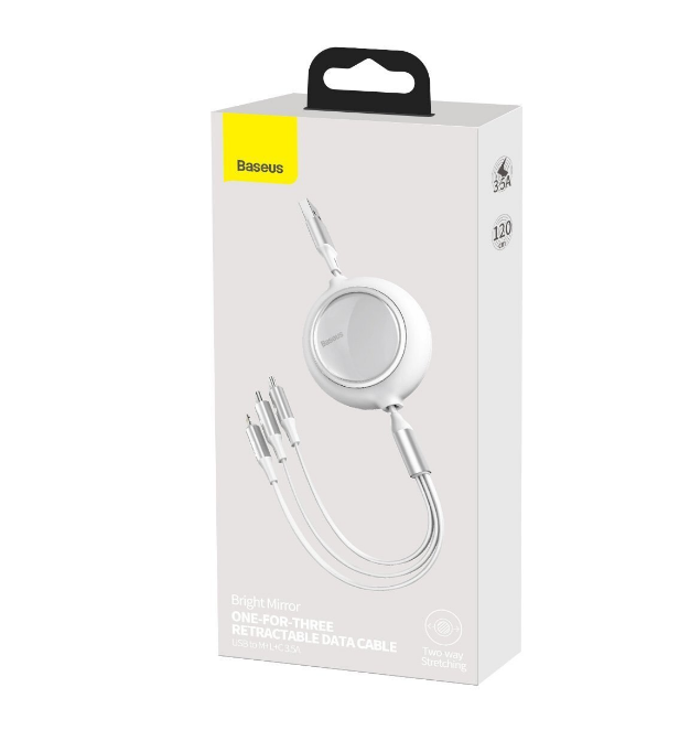 Cablu Alimentare si Date Baseus Bright Mirror One-for-three Retractable USB la Micro-USB + Lightning Iphone + USB Type-C 3.5A 1.2m Alb thumb