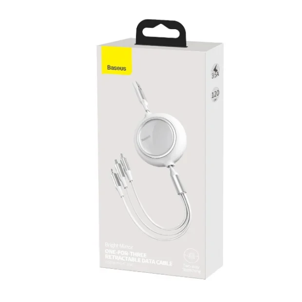 Cablu Alimentare si Date Baseus Bright Mirror One-for-three Retractable USB la Micro-USB + Lightning Iphone + USB Type-C 3.5A 1.2m Alb