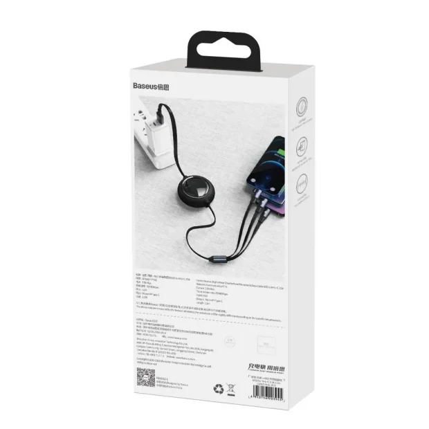 Cablu Alimentare si Date Baseus Bright Mirror One-for-three Retractable USB la Micro-USB + Lightning Iphone + USB Type-C 3.5A 1.2m Negru