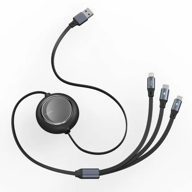 Cablu Alimentare si Date Baseus Bright Mirror One-for-three Retractable USB la Micro-USB + Lightning Iphone + USB Type-C 3.5A 1.2m Negru