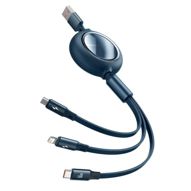 Cablu Alimentare si Date Baseus Bright Mirror One-for-three Retractable USB la Micro-USB + Lightning Iphone + USB Type-C 66W 1.2m Albastru