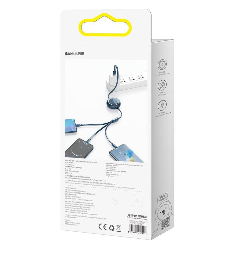 Cablu Alimentare si Date Baseus Bright Mirror One-for-three Retractable USB la Micro-USB + Lightning Iphone + USB Type-C 66W 1.2m Albastru thumb