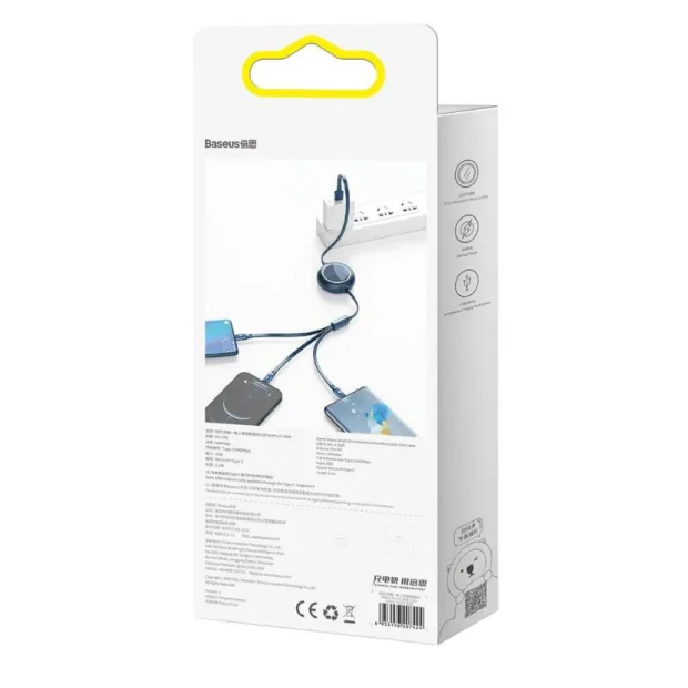 Cablu Alimentare si Date Baseus Bright Mirror One-for-three Retractable USB la Micro-USB + Lightning Iphone + USB Type-C 66W 1.2m Albastru