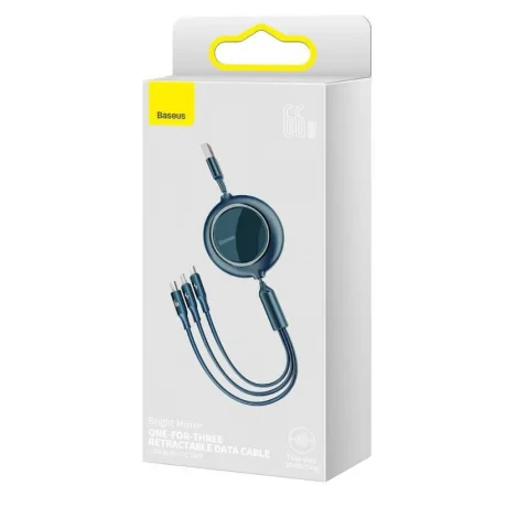Cablu Alimentare si Date Baseus Bright Mirror One-for-three Retractable USB la Micro-USB + Lightning Iphone + USB Type-C 66W 1.2m Albastru
