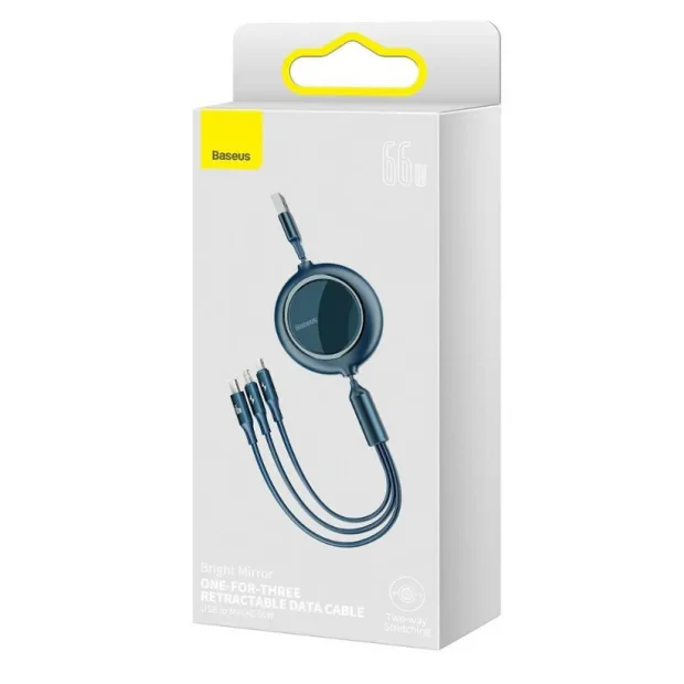 Cablu Alimentare si Date Baseus Bright Mirror One-for-three Retractable USB la Micro-USB + Lightning Iphone + USB Type-C 66W 1.2m Albastru