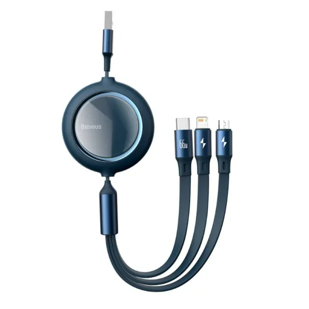 Cablu Alimentare si Date Baseus Bright Mirror One-for-three Retractable USB la Micro-USB + Lightning Iphone + USB Type-C 66W 1.2m Albastru
