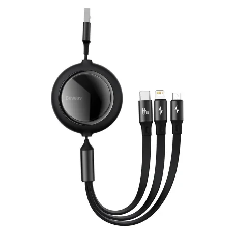 Cablu Alimentare si Date Baseus Bright Mirror One-for-three Retractable USB la Micro-USB + Lightning Iphone + USB Type-C 66W 1.2m Negru