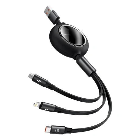 Cablu Alimentare si Date Baseus Bright Mirror One-for-three Retractable USB la Micro-USB + Lightning Iphone + USB Type-C 66W 1.2m Negru