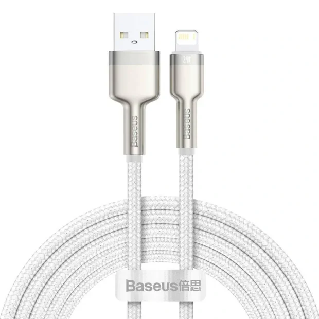 Cablu Alimentare si Date Baseus Cafule Metal Fast Charging USB la Lightning Iphone 2.4A braided 2m Alb