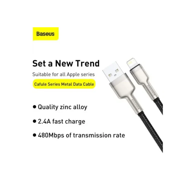 Cablu Alimentare si Date Baseus Cafule Metal Fast Charging USB la Lightning Iphone 2.4A braided 2m Negru