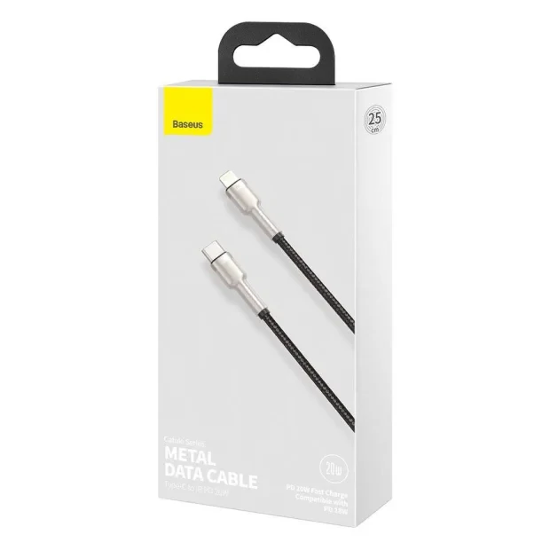 Cablu Alimentare si Date Baseus Cafule Metal Fast Charging USB Type-C la Lightning Iphone PD 20W braided 0.25m Negru