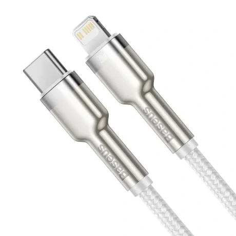Cablu Alimentare si Date Baseus Cafule Metal Fast Charging USB Type-C la Lightning Iphone PD 20W braided 1m Alb