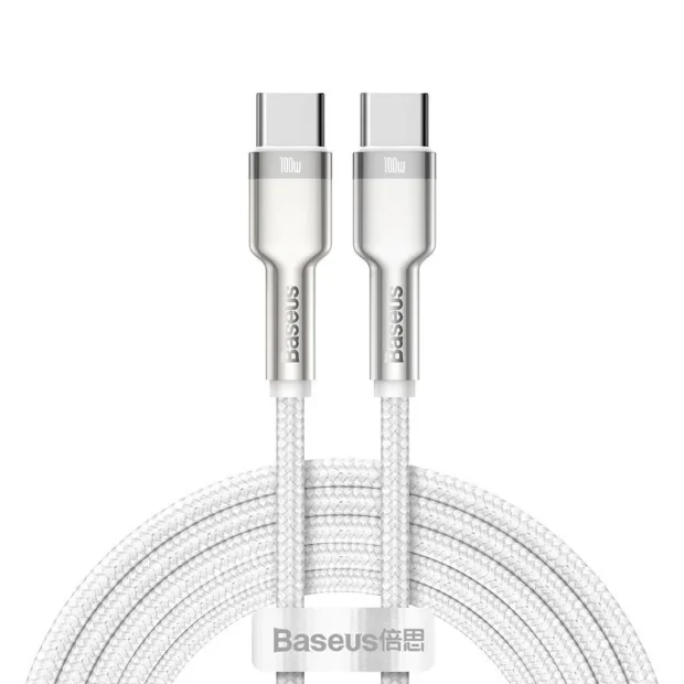 Cablu Alimentare si Date Baseus Cafule Metal Fast Charging USB Type-C la USB Type-C 100W braided 2m Alb