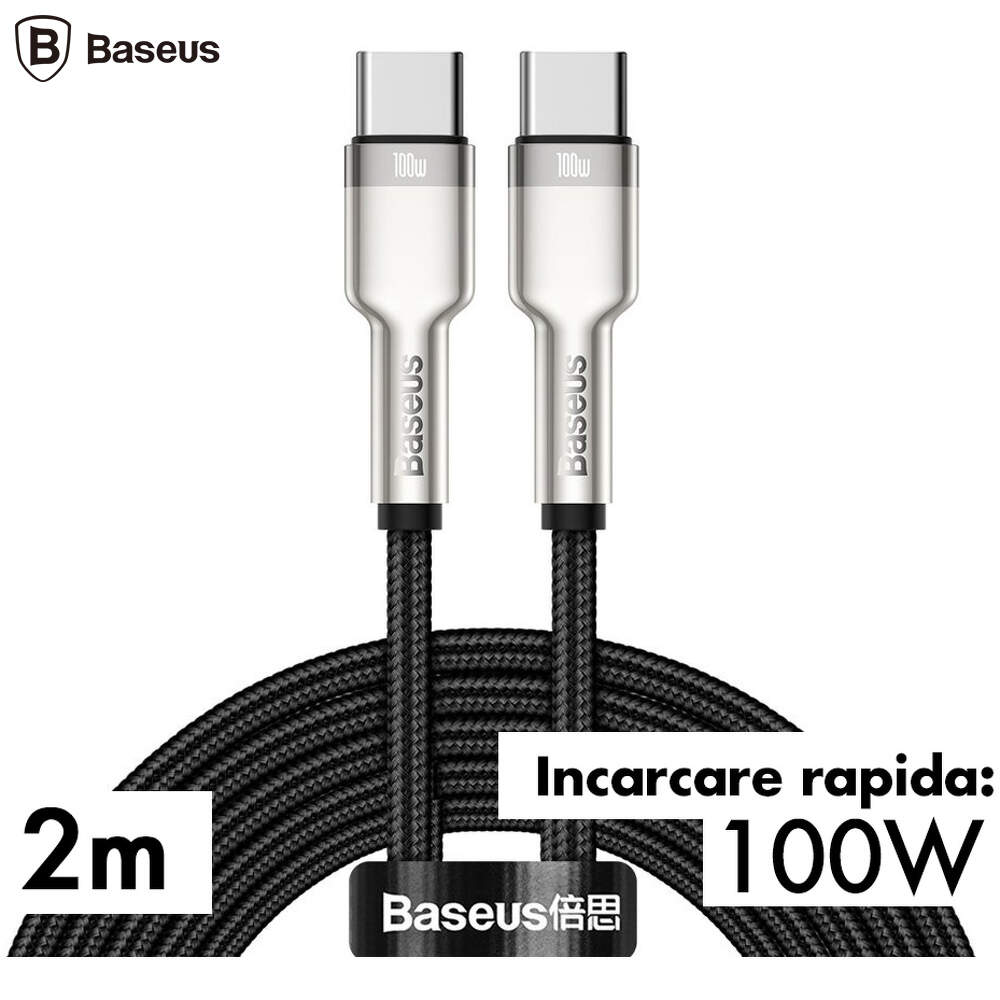 Cablu Alimentare si Date Baseus Cafule Metal Fast Charging USB Type-C la USB Type-C 100W braided 2m Negru thumb