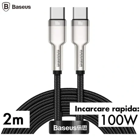 Cablu Alimentare si Date Baseus Cafule Metal Fast Charging USB Type-C la USB Type-C 100W braided 2m Negru