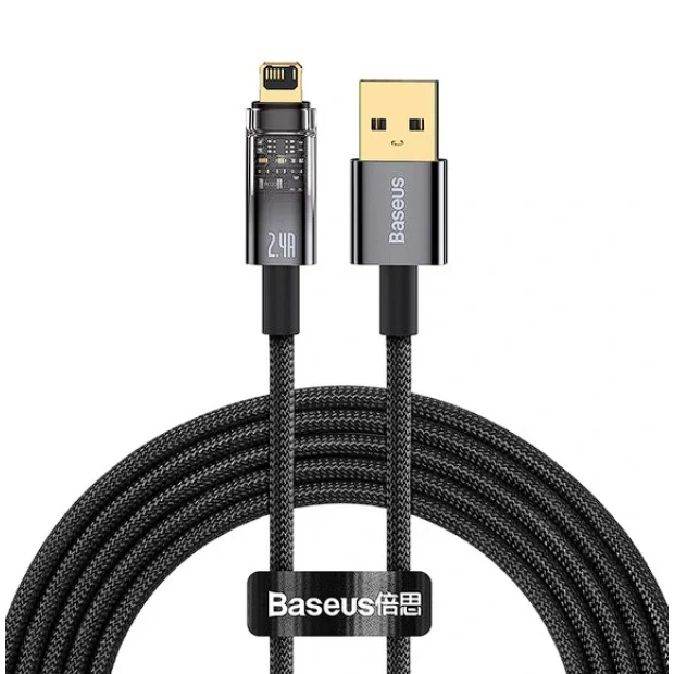 Cablu Alimentare si Date Baseus Explorer Fast Charging USB la Lightning Iphone 2.4A 1m Negru-Transparent