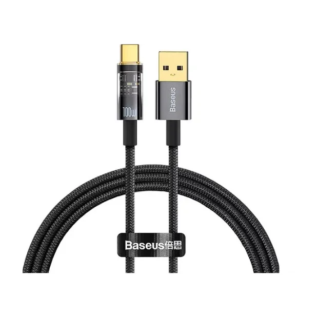 Cablu Alimentare si Date Baseus Explorer Fast Charging USB la USB Type-C 100W 1m Negru-Transparent