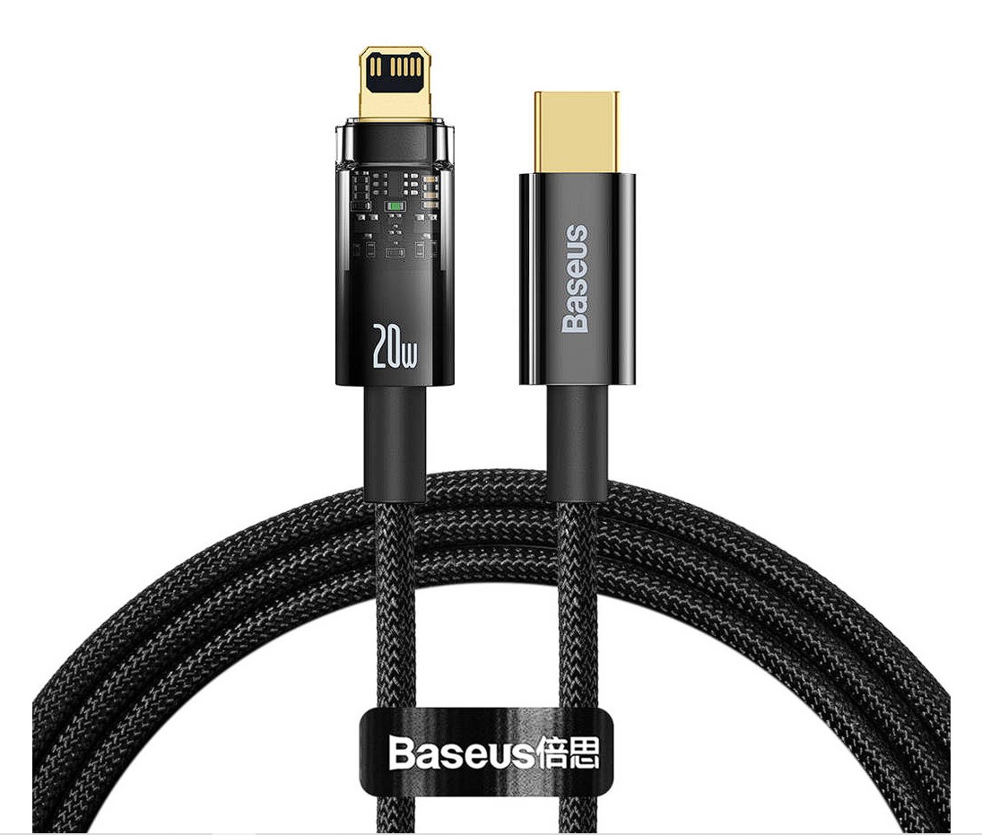 Cablu Alimentare si Date Baseus Explorer Fast Charging USB Type-C la Lightning Iphone 20W 1m Negru-Transparent thumb