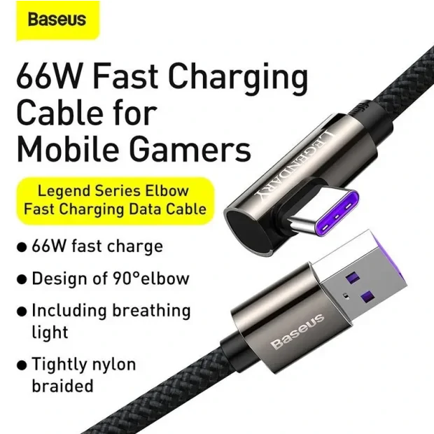 Cablu Alimentare si Date Baseus Legend Elbow Fast Charging USB la USB Type-C 66W braided 2m Negru