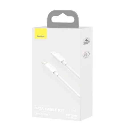 Set 2 x Cablu Alimentare si Date Baseus Simple Wisdom Fast Charging USB Type-C la Lighting iPhone PD 20W 1.5m Alb