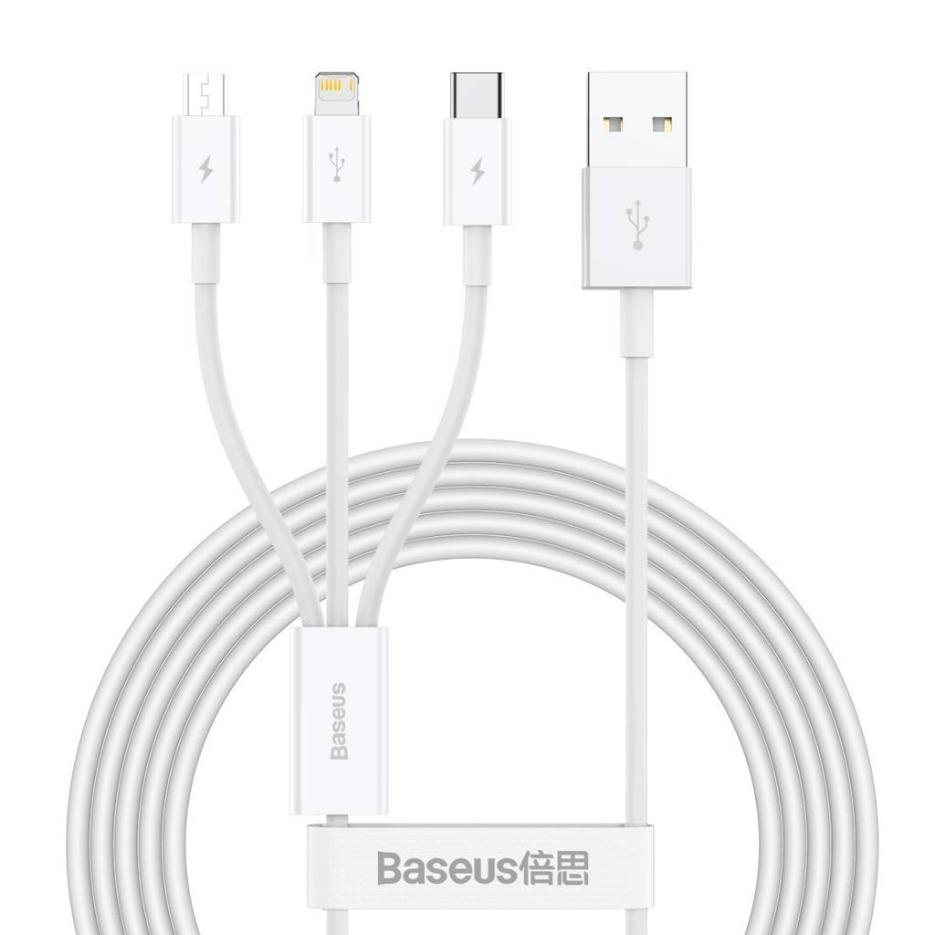 Cablu Alimentare si Date Baseus Superior Series USB la Micro-USB + Lightning Iphone + USB Type-C 3.5A 1.5m Alb thumb