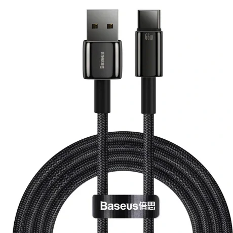 Cablu Alimentare si Date Baseus Tungsten Gold Fast Charging USB la USB Type-C 66W braided 2m Negru