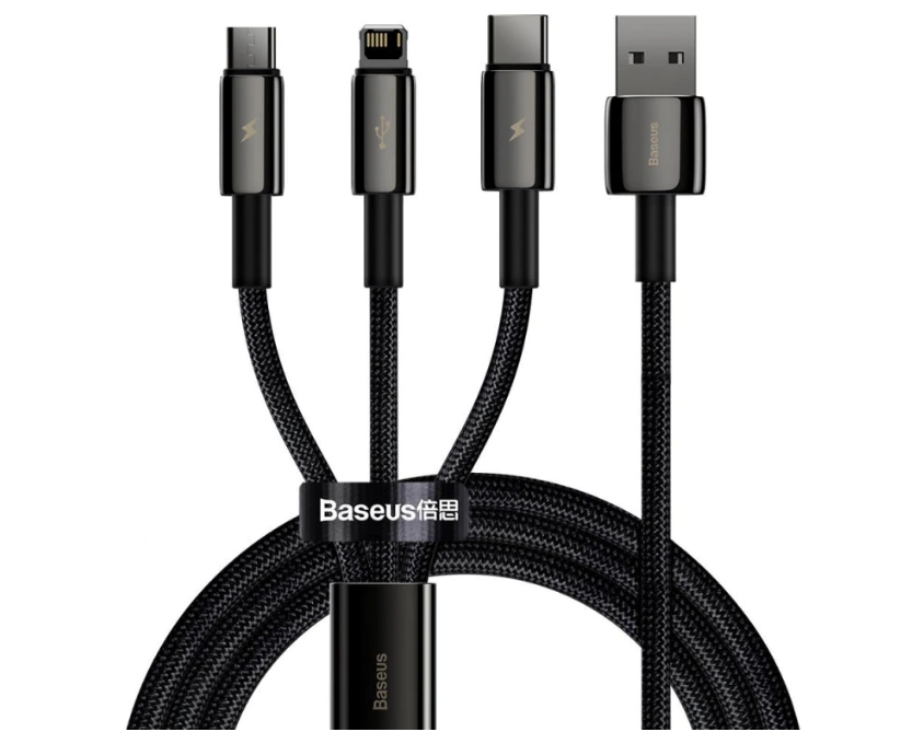 Cablu Alimentare si Date Baseus Tungsten Gold One-for-three Fast Charging USB la Micro-USB + Lightning Iphone + USB Type-C 3.5A braided 1.5m Negru thumb