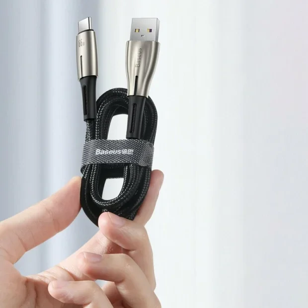 Cablu Alimentare si Date Baseus Water Drop-shaped Lamp Fast Charging USB la USB Type-C 66W braided LED 1m Negru