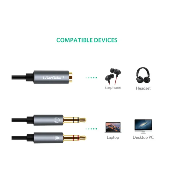 Cablu Audio Ugreen AV140 stereo 2 x 3.5 mm jack (T) la 3.5 mm jack (M) 0.20 m Negru