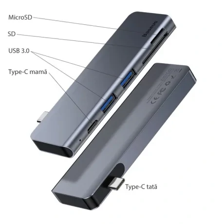 Docking Station Baseus conectare PC USB Type-C USB 3.0 x 2 USB Type C x 1 PD 20V 3A Card reader SD x 1 micro SD x 1 Gri