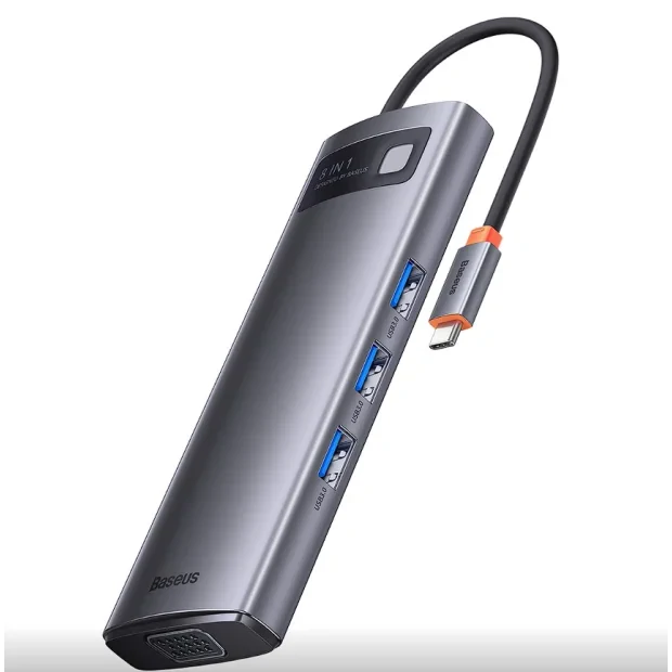 Docking Station Baseus Metal Gleam conectare PC USB Type-C USB 3.0 x 3 VGA x 1 USB Type C x 1 PD 5A HDMI x 1 card reader SD/microSD Gri