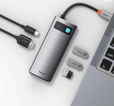 Docking Station Baseus Metal Gleam Series 5-in-1 conectare PC USB Type-C USB 3.0 x 3 USB Type C x 1 PD 100W 5A HDMI x 1 Gri thumb