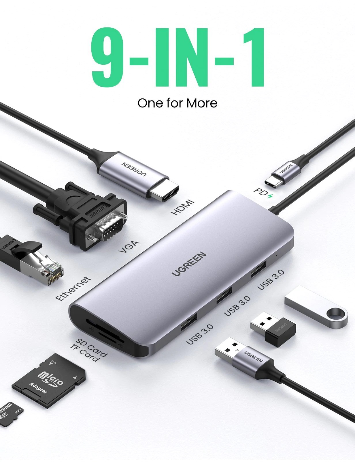 Docking station Ugreen CM179 conectare PC USB Type-C USB 3.0 x 3 gri thumb