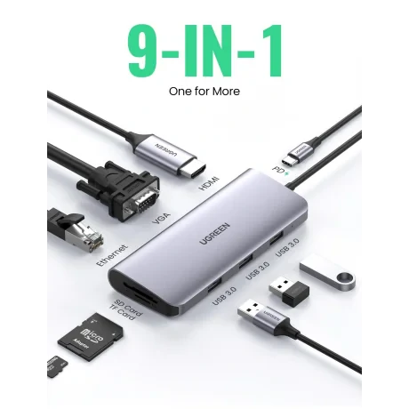 Docking station Ugreen CM179 conectare PC USB Type-C USB 3.0 x 3 gri