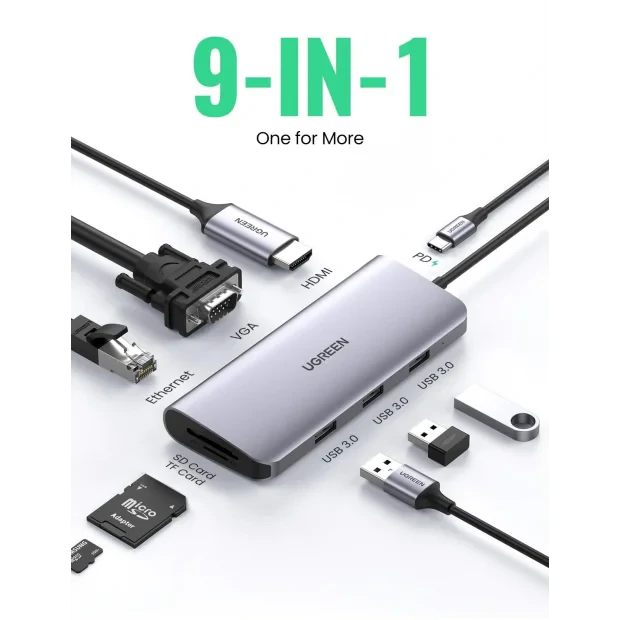 Docking station Ugreen CM179 conectare PC USB Type-C USB 3.0 x 3 gri